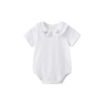 ins嬰兒哈衣夏季短袖小兔子刺繡娃娃領新生兒三角爬服棉質包屁衣