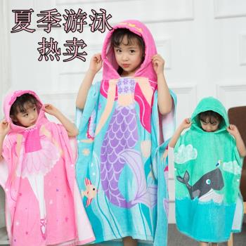 鯊魚浴巾兒童連帽斗篷純棉毛巾料寶寶浴袍嬰兒洗澡可穿浴巾超吸水