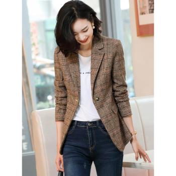 加厚格子毛呢西裝外套女2022新款秋冬季休閑小個子西服短款媽媽裝
