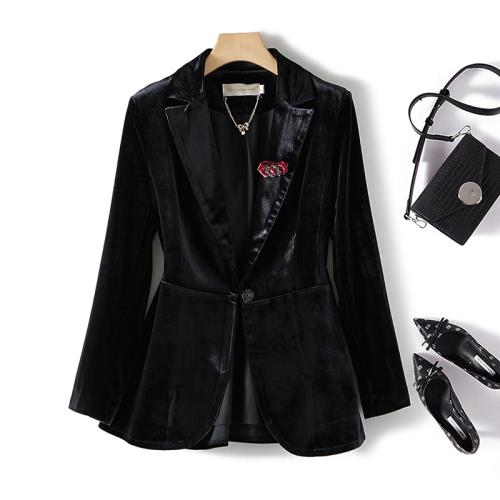 奢牌元單！通勤黑西服金絲絨紫紅玫瑰胸花小西裝翻領顯瘦氣質外套