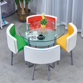 簡約雙層鋼化玻璃餐桌椅組合洽談接待休閑桌店鋪休息區小圓桌北歐