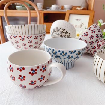 新品獨家日本進口作家手作陶瓷小紅梅餐具高臺飯碗咖啡杯麵碗