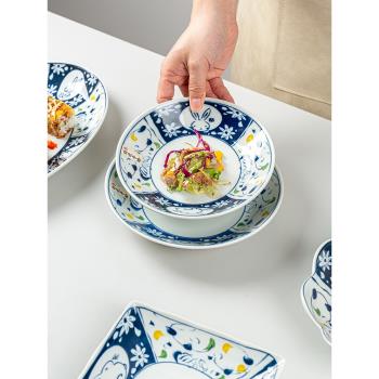 日式手繪陶瓷復古兔餐具套裝家用魚盤早餐盤方盤壽司盤飯碗湯麵碗