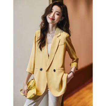 高級感黃色西裝外套女夏季薄款休閑韓版炸街小個子七分袖西服上衣