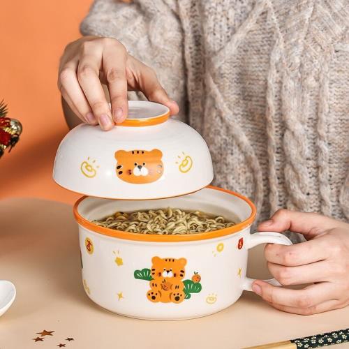 陶瓷卡通日式圓形泡面湯碗杯早餐杯帶蓋飯盒微波爐專用宿舍碗餐碗