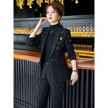 小香風西裝外套女春2025款氣質設計感刺繡新中式黑色西服職業套裝