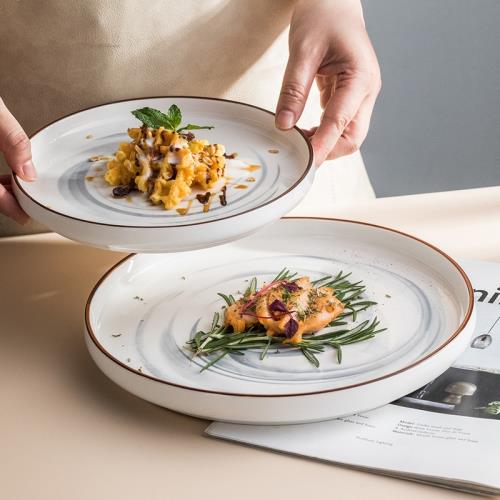 北歐創意手繪大理石紋西餐盤個性簡約陶瓷平盤釉下彩牛排意面盤