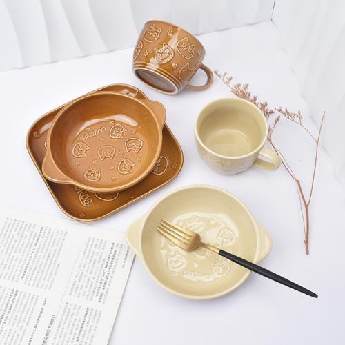 日式陶瓷可愛卡通貓咪三兄弟立體浮雕餐具復古雙耳烤盤甜品焗油盤