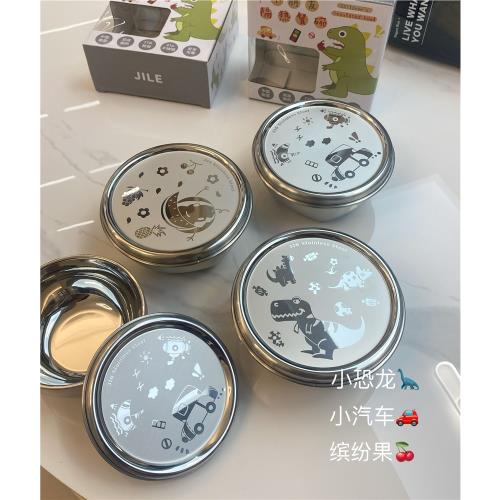 316不銹鋼卡通四腳碗雙層隔熱碗寶寶嬰幼兒輔食飯碗帶蓋KOM恐龍碗