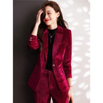2020新款秋金絲絨小西裝套裝女高階時尚職業裝西服上衣垂感女人味