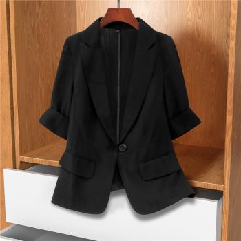 黑色棉麻短袖小西裝外套女士2024夏季新款小個子修身大碼薄款上衣