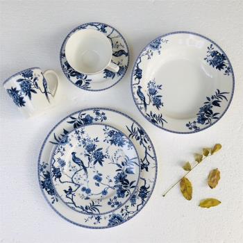 出口原單陶瓷餐具家用馬克杯咖啡杯碟平盤湯盤藍色鳳凰歐式意麵盤