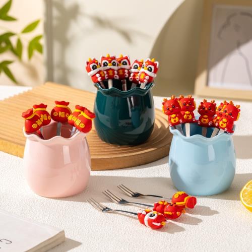 高顏值水果叉子套裝兒童點心小叉帶收納罐高端創意可愛水果簽家用