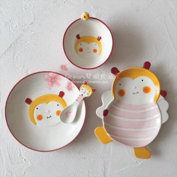 【夢田良品】zakka創意可愛陶瓷粉色立體蜜蜂兔子盤/碗/勺