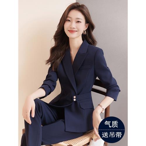 工作服職業氣質女藏青色西裝秋冬季主持人經理正裝女神范套裝正裝