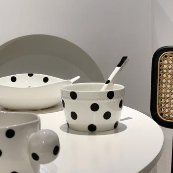 黑白波點赫本經典北歐ins陶瓷盤碗餐具家用雙耳碗杯子 一人食套裝