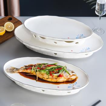 魚盤家用明爐蠟燭保溫盤飯店盤子酒店餐具盤陶瓷加熱盤蒸魚盤菜盤