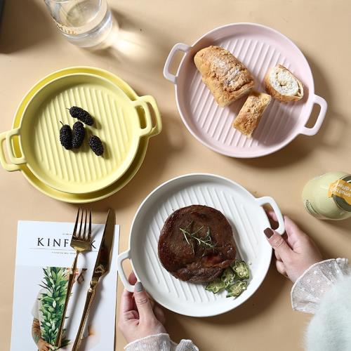 北歐創意烘焙盤陶瓷盤子微波爐烤箱碗盤家用西餐平盤沙拉盤烤肉盤