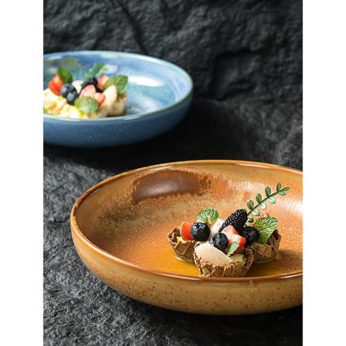 日式窯變創意陶瓷盤家用圓盤菜盤沙拉盤深盤水果盤湯盤按酒店餐具