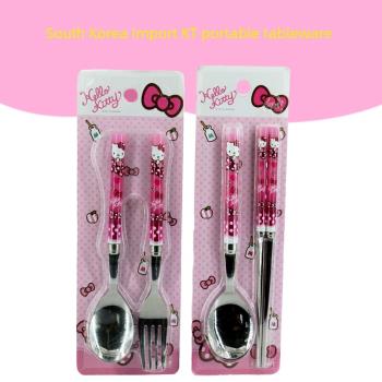 韓國進口hello kitty兒童卡通餐具不銹鋼勺筷盒套裝勺叉便攜餐具