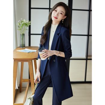 藏青色西裝外套女秋冬新款中長款加棉加厚風衣小個子職業西服套裝