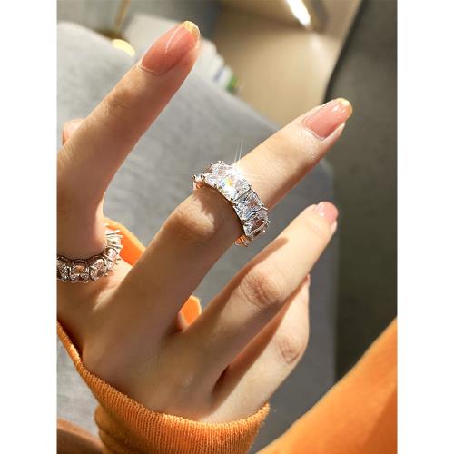 925純銀鋯石滿鉆石排鉆中指食指戒指女時尚個性輕奢小眾獨特指環