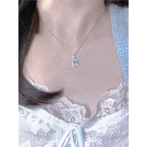 「藍柑少女」藍色托帕石純銀項鏈首飾輕奢小眾鎖骨鏈氣質頸鏈配飾