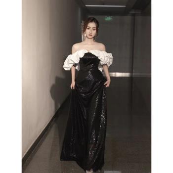 一字肩晚禮服女名媛氣質主持人輕奢高階小眾訂婚宴會成人禮連衣裙