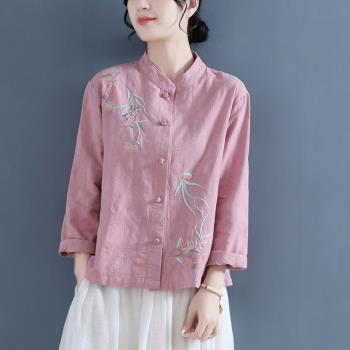中國風刺繡棉麻襯衫復古盤扣長袖立領茶服寬松打底亞麻上衣2023春