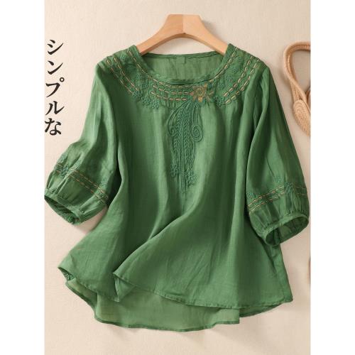洋氣復古刺繡棉麻襯衫女夏季大碼媽媽遮肚顯瘦減齡小衫套頭上衣薄