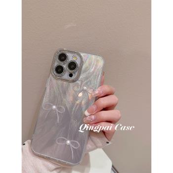 輕派鏡頭膜羽紗珍珠蝴蝶結適用蘋果15promax手機殼iphone13新款16pro女款12韓系ins輕奢高階14網紅11全包硬殼