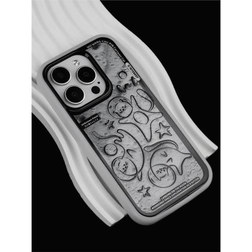 悟望初品 太空月球貓咪二合一雙層手機殼黑白拆邊插畫可愛個性小眾原創意設計適用蘋果13iPhone15ProMax14pro