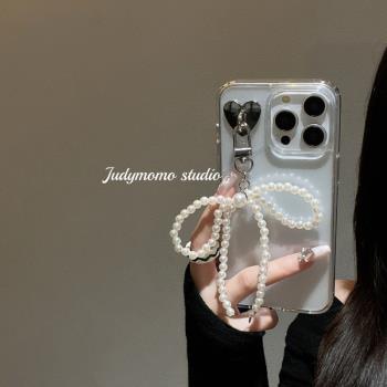 韓式ins白色簡約珍珠大蝴蝶結掛鏈適用iPhone15promax手機殼14蘋果13新款12防摔女保護軟殼套