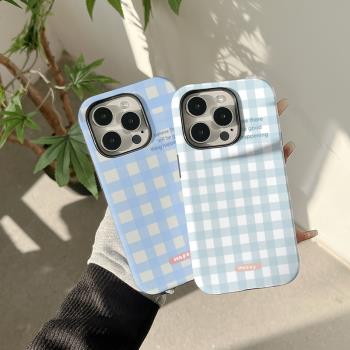 菲林殼二合一藍白格適用iPhone16ProMax蘋果15手機殼新款14高階感小眾13簡約個性12女款創意11大孔好看的硬殼