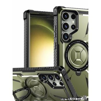 適用三星S23ultra磁吸360旋轉指環支架手機殼S22+全包防摔盔甲保護套S21金屬漆防摔二合一車載個性外殼S24p