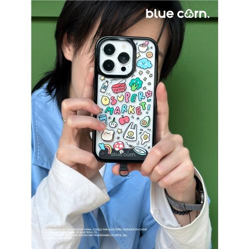 【bluecorn】藍色苞米可愛超級市場卡通貼紙保護殼適用于蘋果iPhone 16/15/14/pro/max磁吸magsafe防摔手機殼