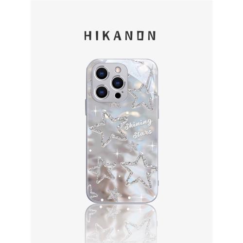 韓國HIKANON潮牌水波紋星星適用iphone15promax手機殼蘋果15個性14小眾高級14pro防摔13銀色12玻璃套ins風11