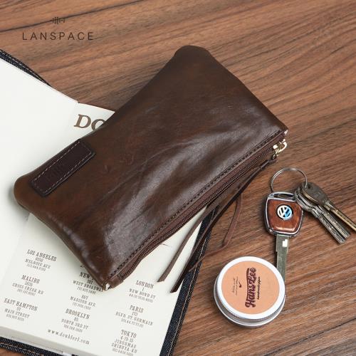 藍皮具lanspace男士真皮手拿包復古牛皮手機包煙斗包拉鏈手包大