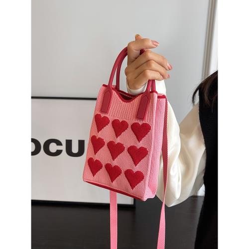 質感手提小包包2025春夏新款少女桃心手機包毛線針織小方包斜挎包