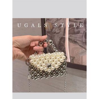 UGALS復古金屬銀色迷你手工編織串珠珍珠零錢口紅鑰匙包斜挎小包