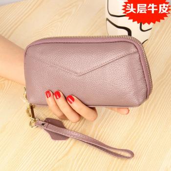 頭層牛皮女士手拿包真皮手機包2021新款簡約車縫線貝殼包百搭手包