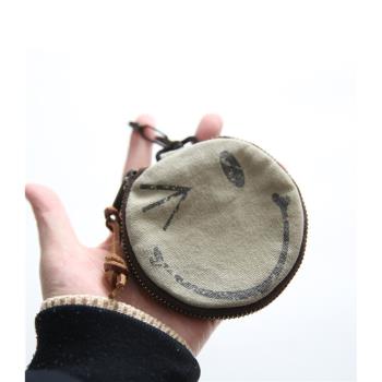 新品 復古迷你小錢包真皮可愛笑臉拉鏈硬幣包 包包掛飾小掛包簡約