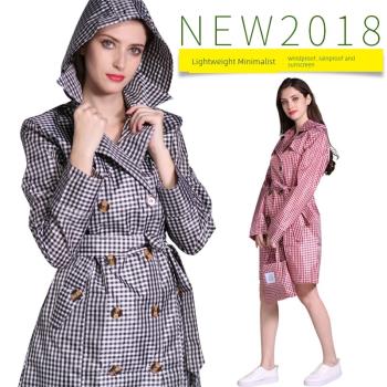 雨衣女士格子雙排扣大腰帶成人時裝旅行戶外徒步風衣收腰外套雨披
