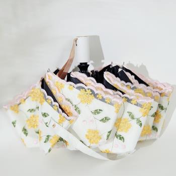 浮羽遮陽傘女 夏天五折碎花朵刺繡雙層三折全自動黑膠防曬太陽傘