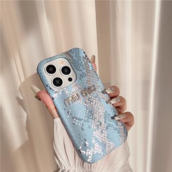 歐鵲新款潮牌m家閃鉆人魚姬藍15適用蘋果14promax手機殼iPhone13女款12pro皮質11奢華xs max保護套xr小眾高檔