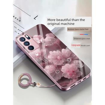 適用OPPOReno6pro手機殼PEPM00晶瑩花朵玻璃簡約情侶機殼新款冷淡超薄鏡面高畫質ins風外殼新品軟邊顏控創意