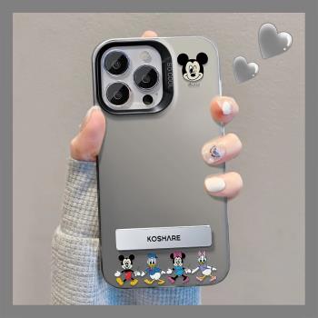 適用蘋果16promax手機殼卡通米奇iPhone15pro彩繪高階感14PM磨砂不沾指紋13帶支架12男女個性11防摔保護套16p