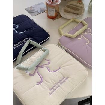 韓國ins可愛刺繡蝴蝶結內膽包平板電腦11/13/15寸手提筆記本收納包筆記本包A4檔案包14寸跨境手拿包