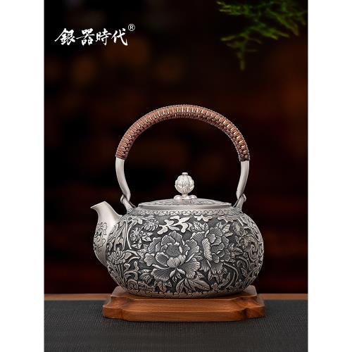 2銀器時代 銀壺純銀999燒水壺純手工鏨刻做舊鶴鹿同春家用銀茶具
