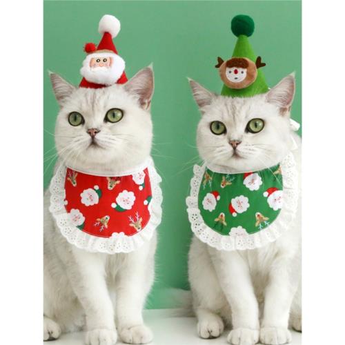 寵物貓咪狗卡通毛絨圣誕老人麋鹿紅綠帽子頭飾花邊圍兜口水巾套裝
